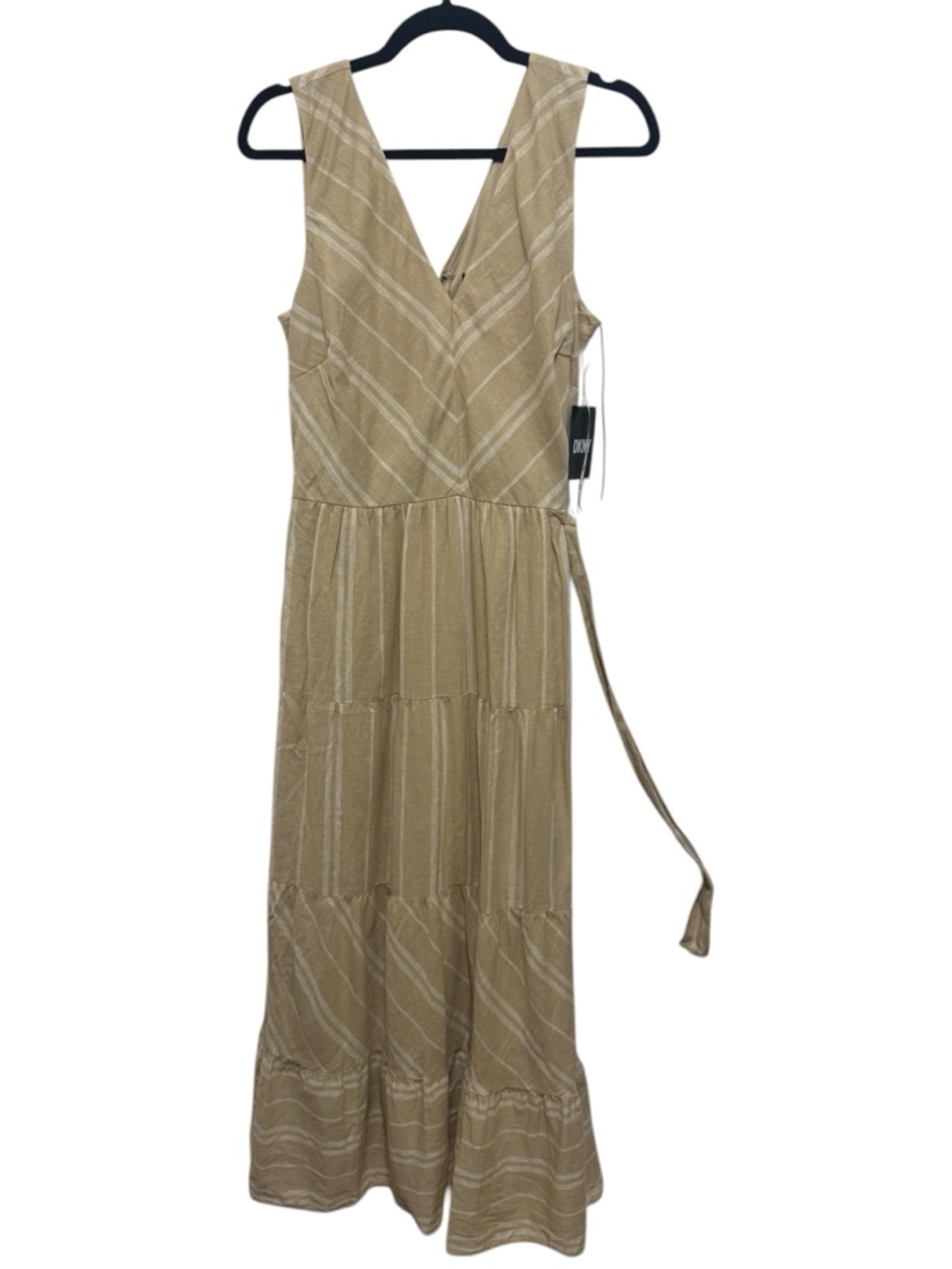Cotton blend tiered midi dress, DKNY, striped sleeveless v-neck